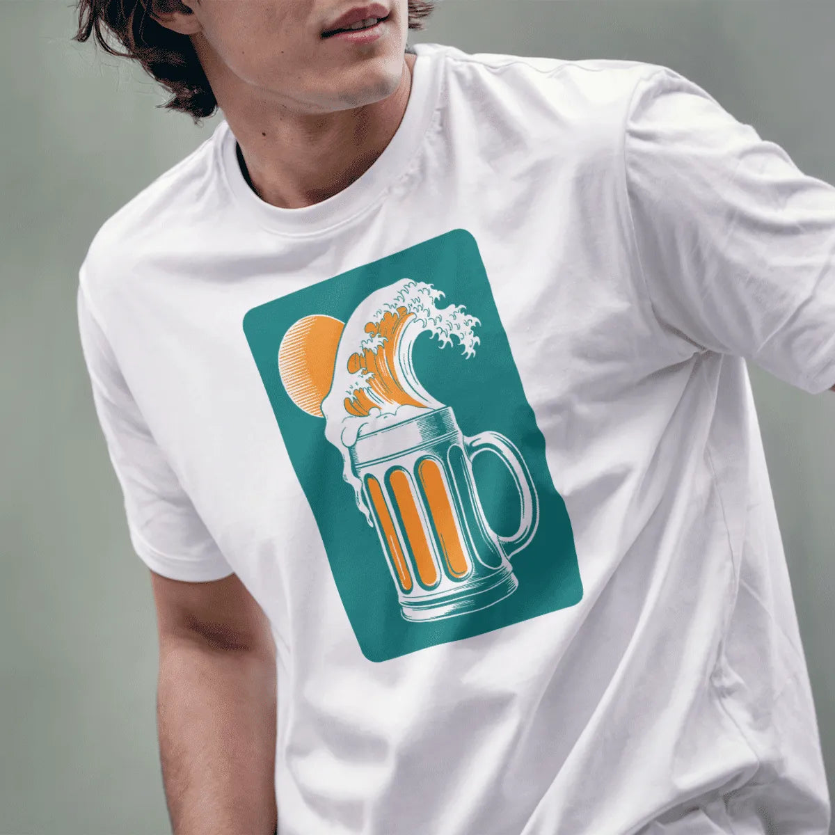 Male model wearing white t-shirt with japanese wave and beer mug graphic, lively design visible.