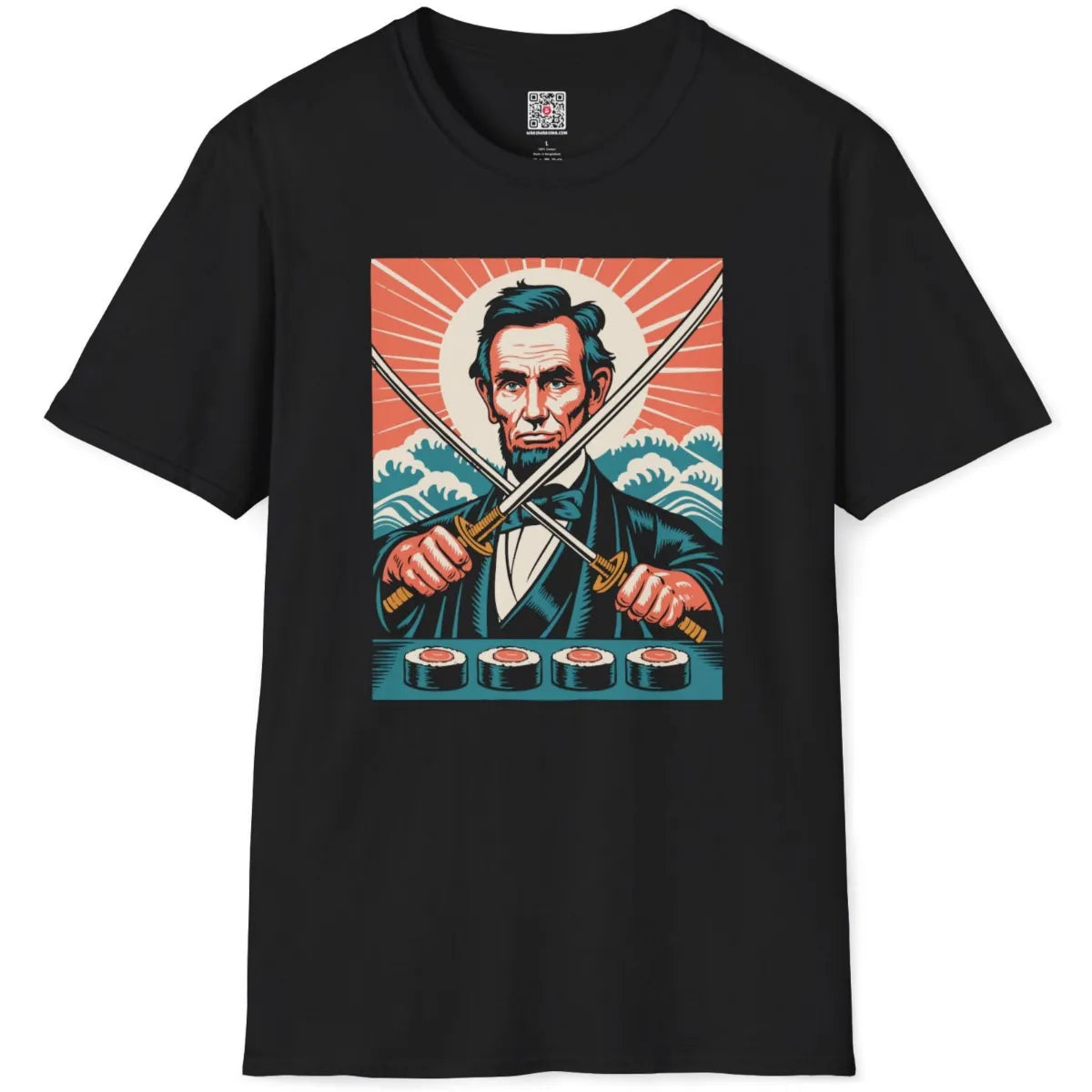 Black flatlay showing comic-style Lincoln with katana swords, teal waves, and orange sunburst.