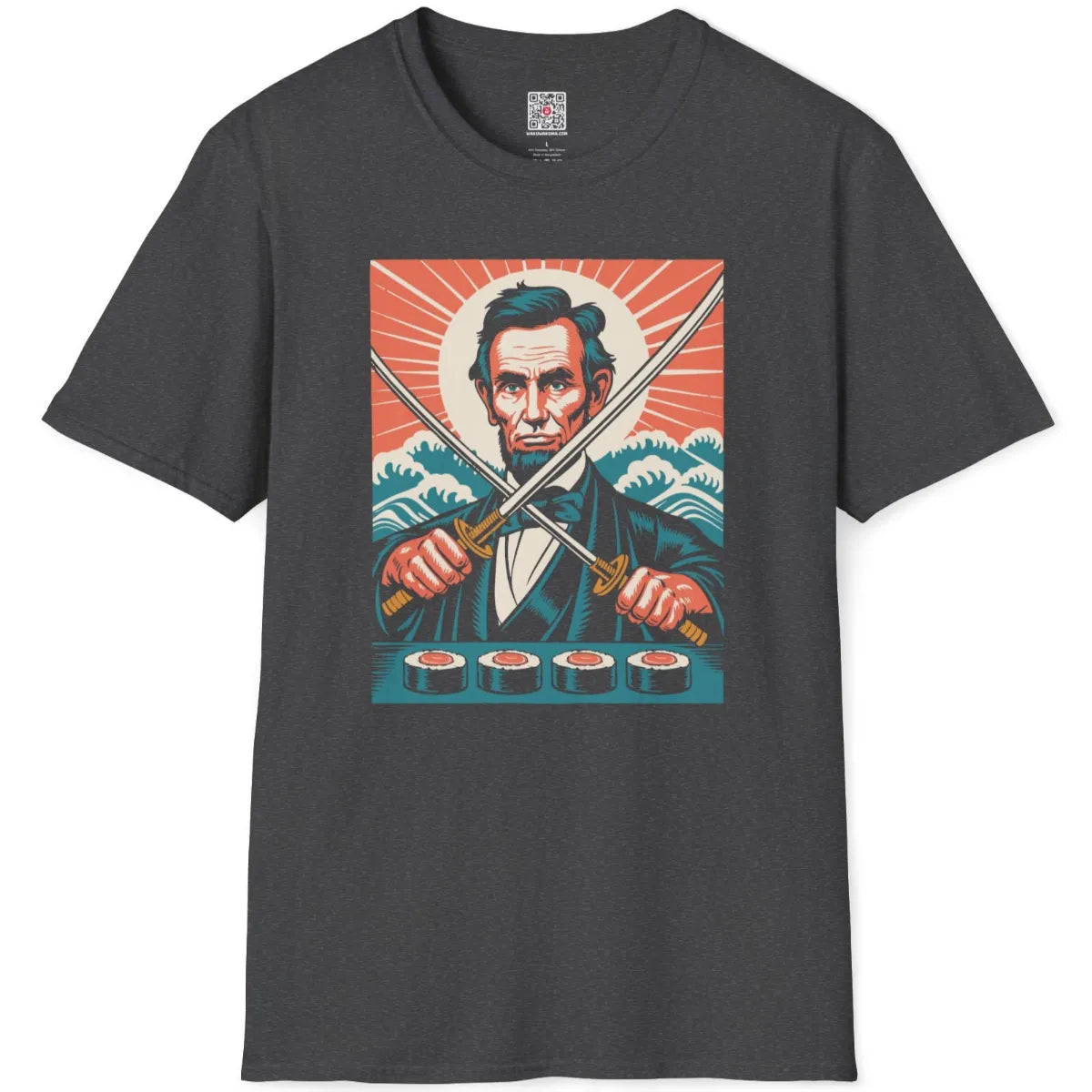 Dark heather flatlay with vibrant Lincoln samurai design, cultural fusion, and sushi detail.