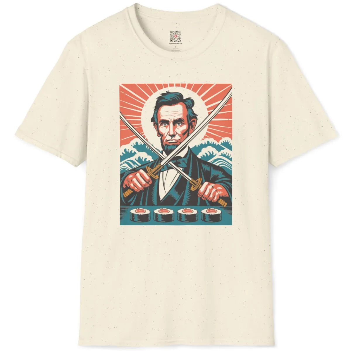 Natural flatlay of graphic t-shirt combining American icon Lincoln and Japanese katana art.