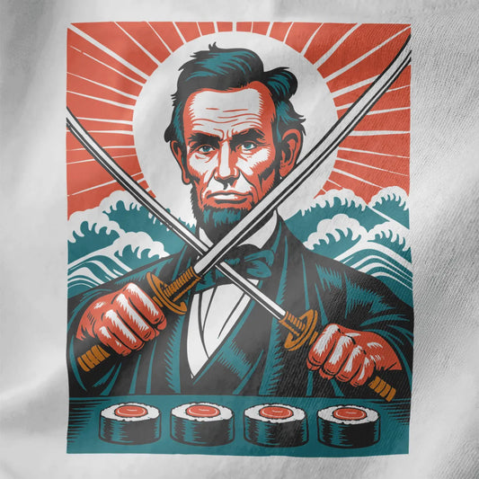 Stylized Abraham Lincoln holding crossed katanas with teal waves, orange sunburst on white close-up.