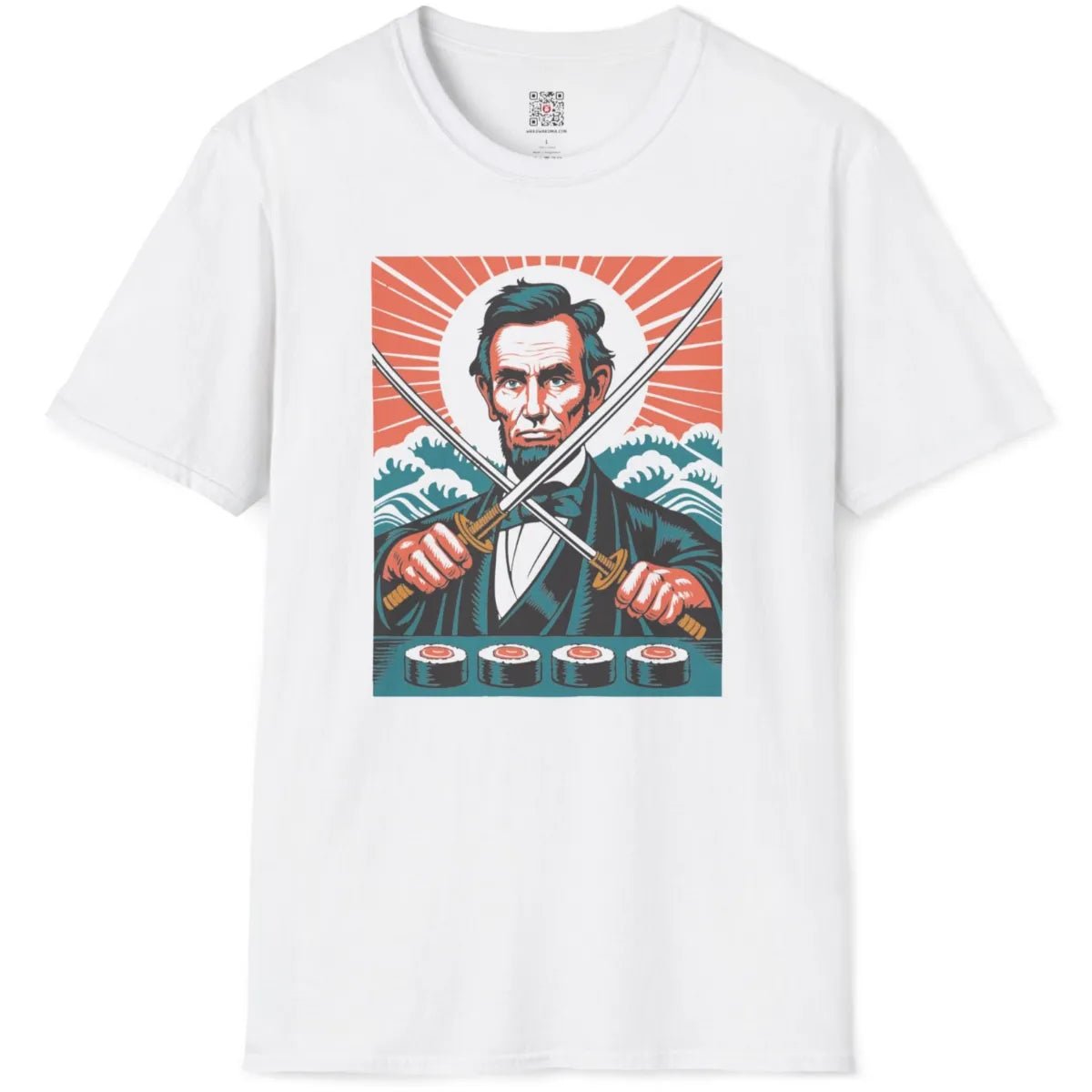 White flatlay featuring Abraham Lincoln framed by ukiyo-e waves and orange halo with sushi.