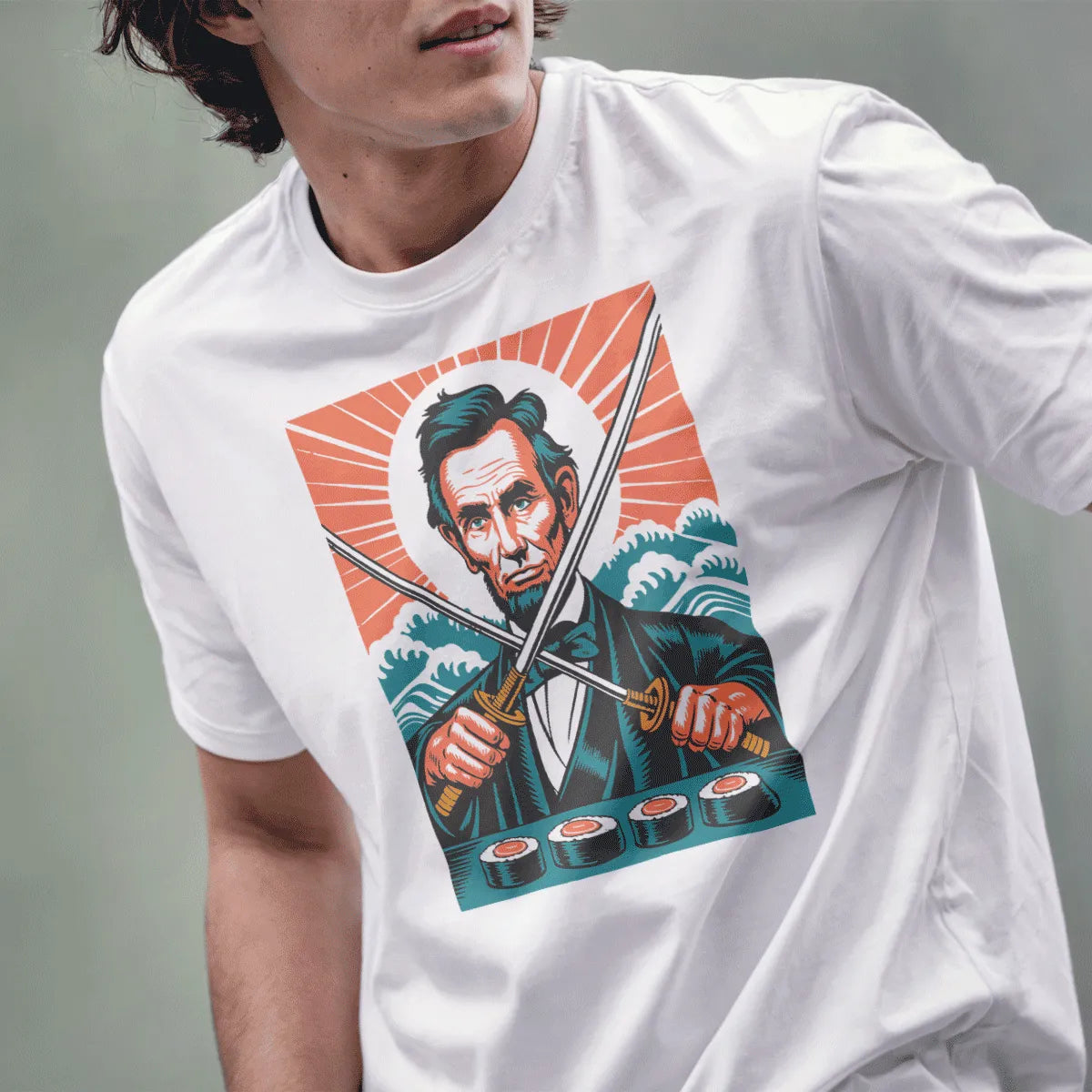 Male model wearing white t-shirt with Lincoln samurai fusion, sushi art, and dramatic color.