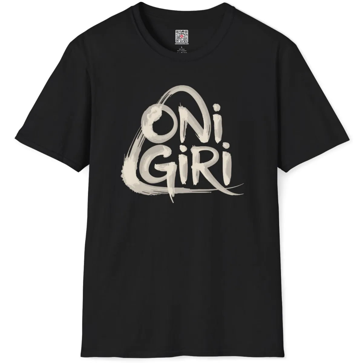 Black flatlay t-shirt featuring bold, artistic brushstroke "Onigiri" handwritten text.