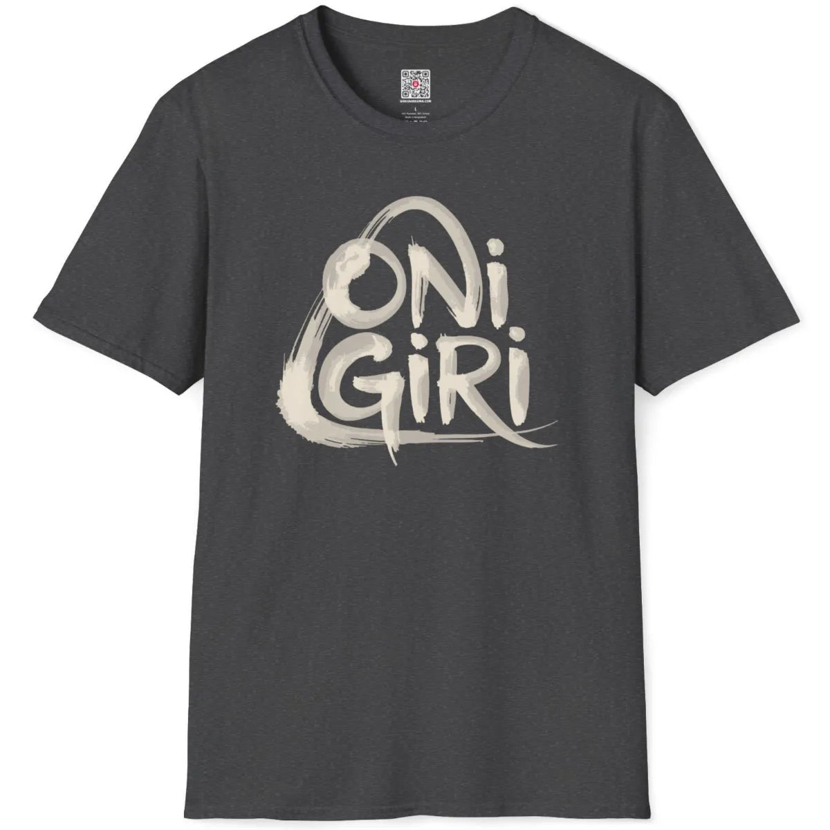 Dark heather t-shirt flatlay with energetic, hand-drawn "Onigiri" brushstroke text design.