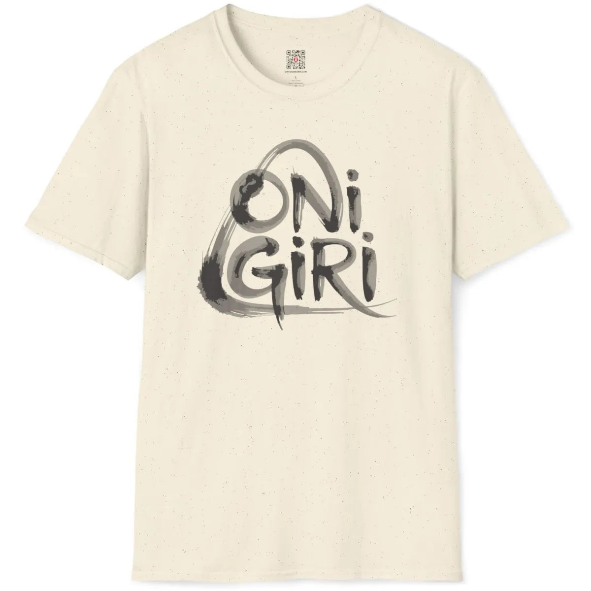 Natural fabric flatlay shirt showcasing minimalist, creative "Onigiri" brushstroke lettering.