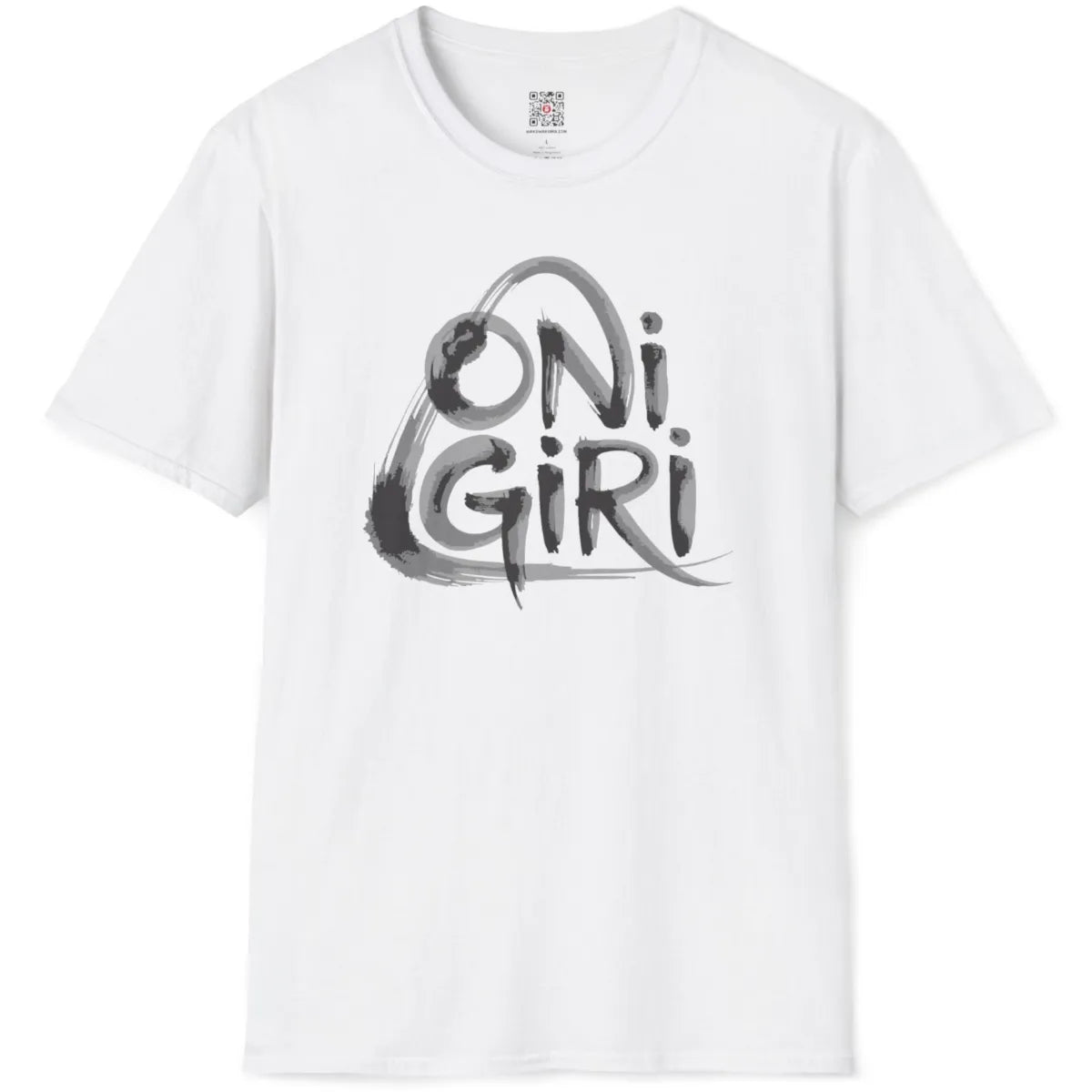 White flatlay shirt with playful, casual "Onigiri" brushstroke design in monochrome colors.