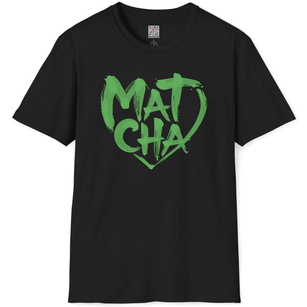 Black flatlay shirt displaying organic, hand-drawn green "Matcha" heart script graphic.