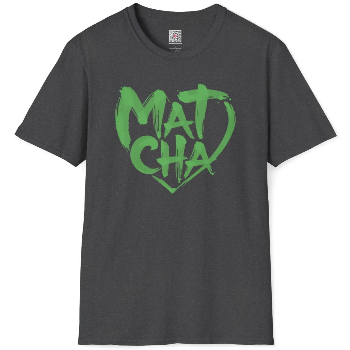 Dark heather t-shirt flatlay featuring vibrant green, playful "Matcha" heart brushstroke art.