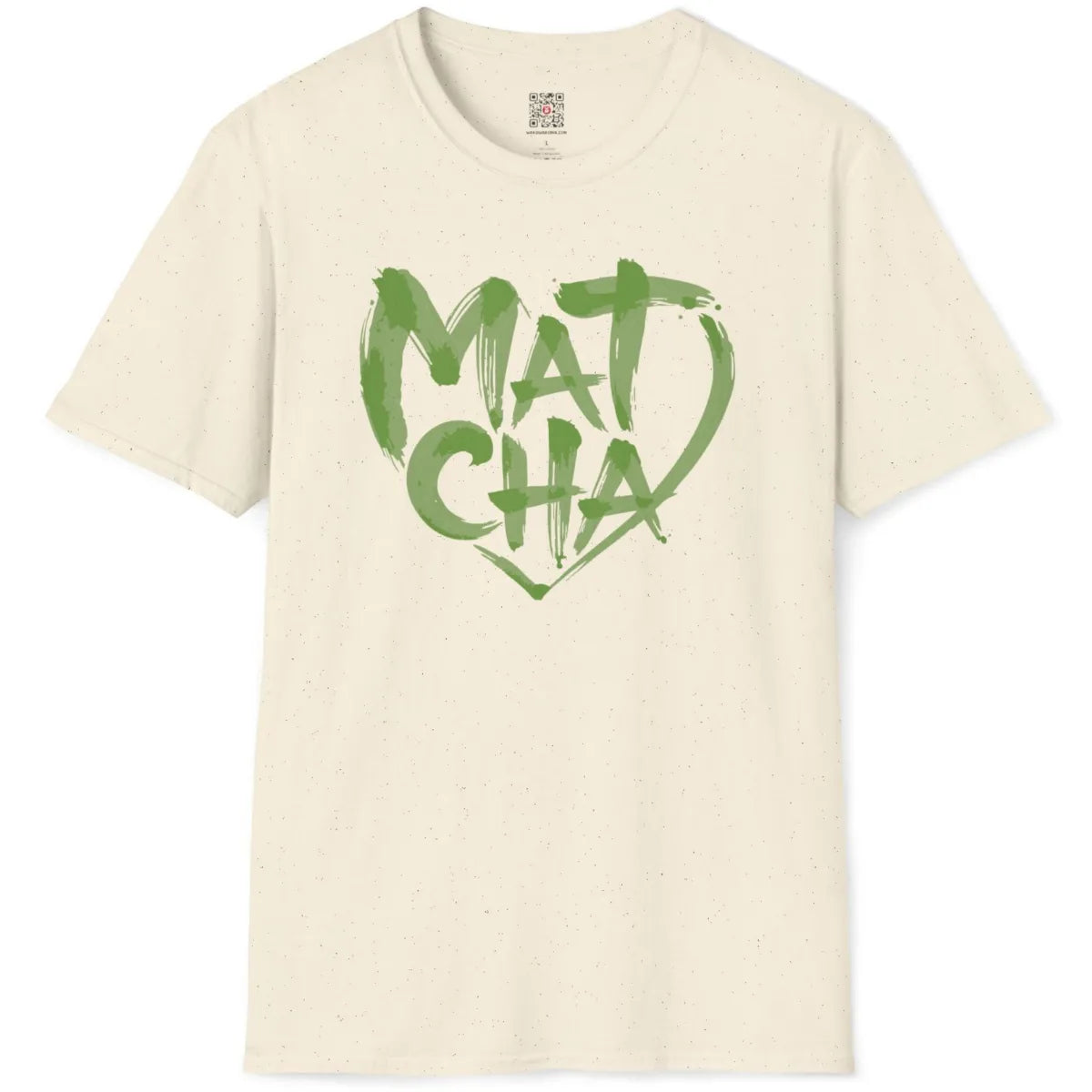 Natural fabric flatlay with expressive, hand-painted green "Matcha" heart script design.
