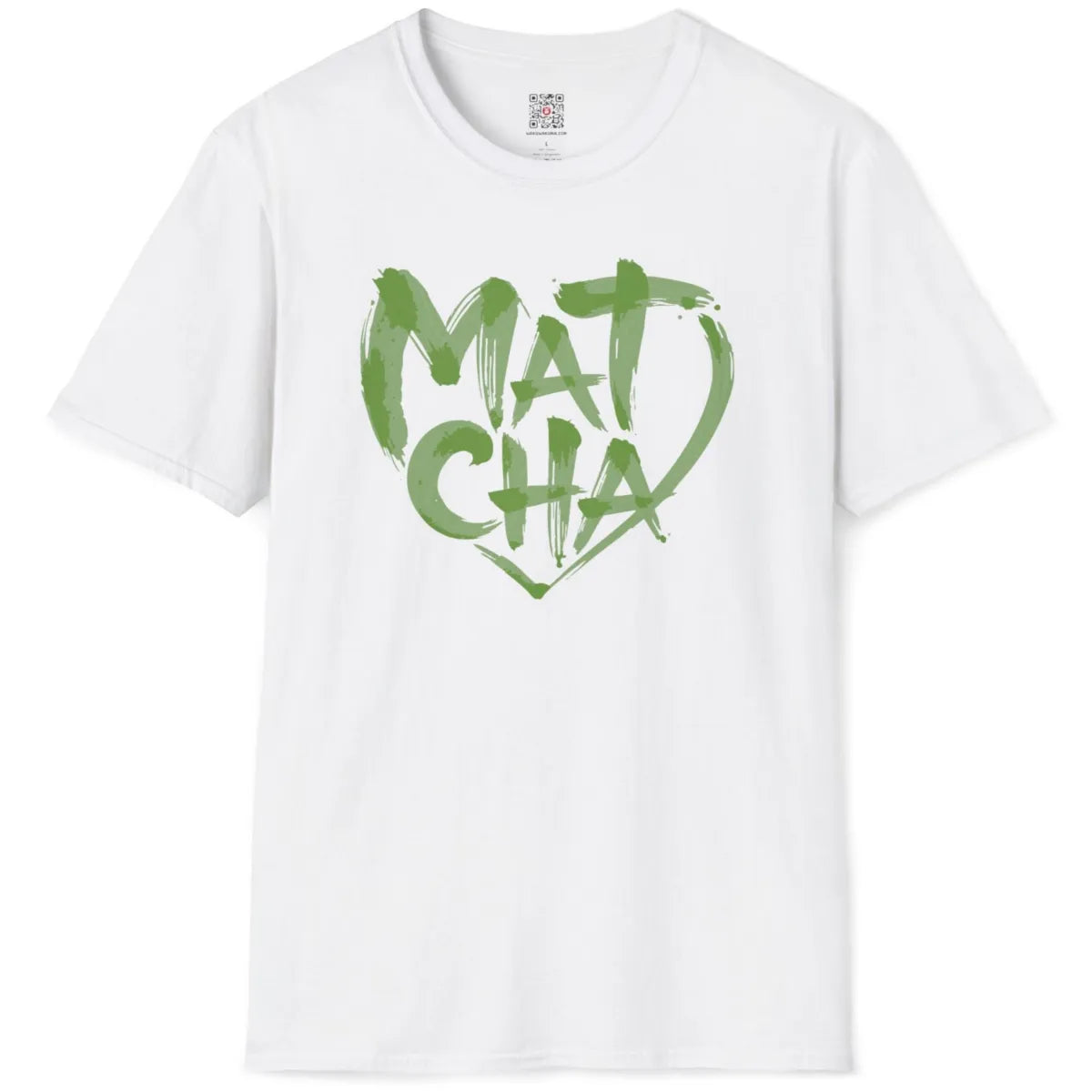 White flatlay tee with textured green brushstroke "Matcha" word forming an artistic heart.