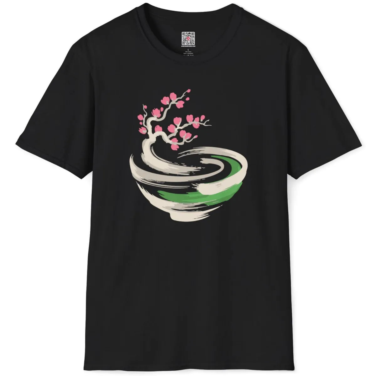 Black flatlay shirt showing serene cherry blossom branch curving over a dynamic brushstroke bowl.
