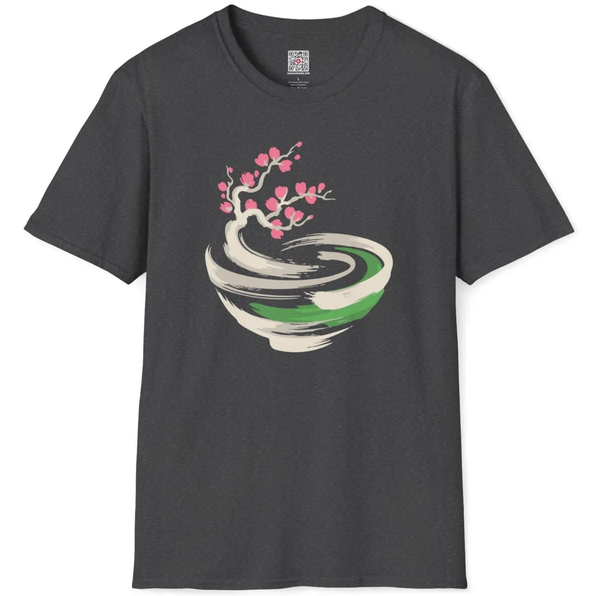 Dark heather flatlay featuring harmonious cherry blossom branch above an artistic bowl design.