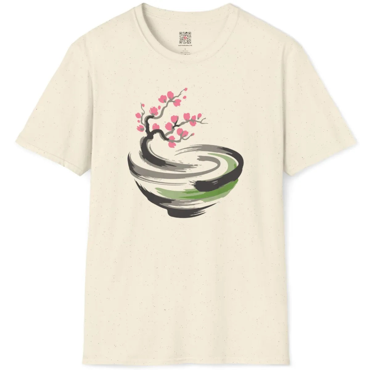 Natural fabric shirt flatlay of stylized pink cherry blossoms over swirling dark grey and olive bowl.