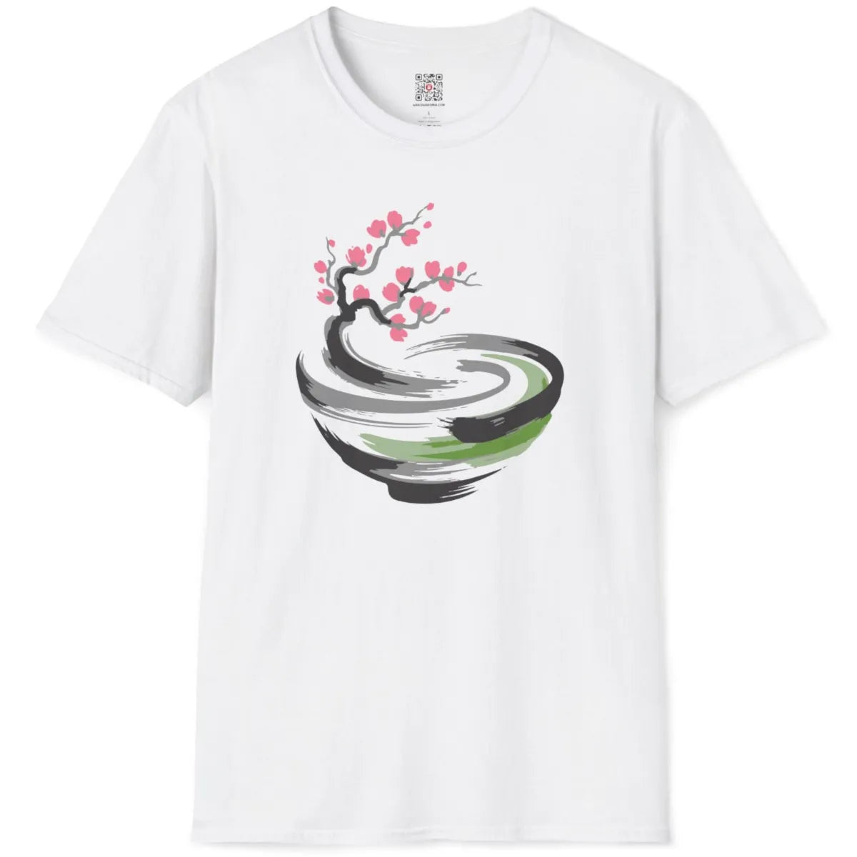 White flatlay tee with calm pink blossoms and expressive dark grey abstract bowl brushwork.