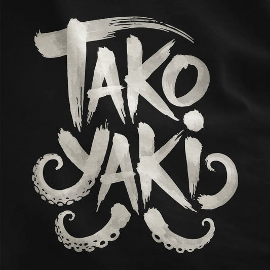 Black fabric close-up showing dynamic brushstroke "TAKO YAKI" letters framed by curling octopus tentacles.