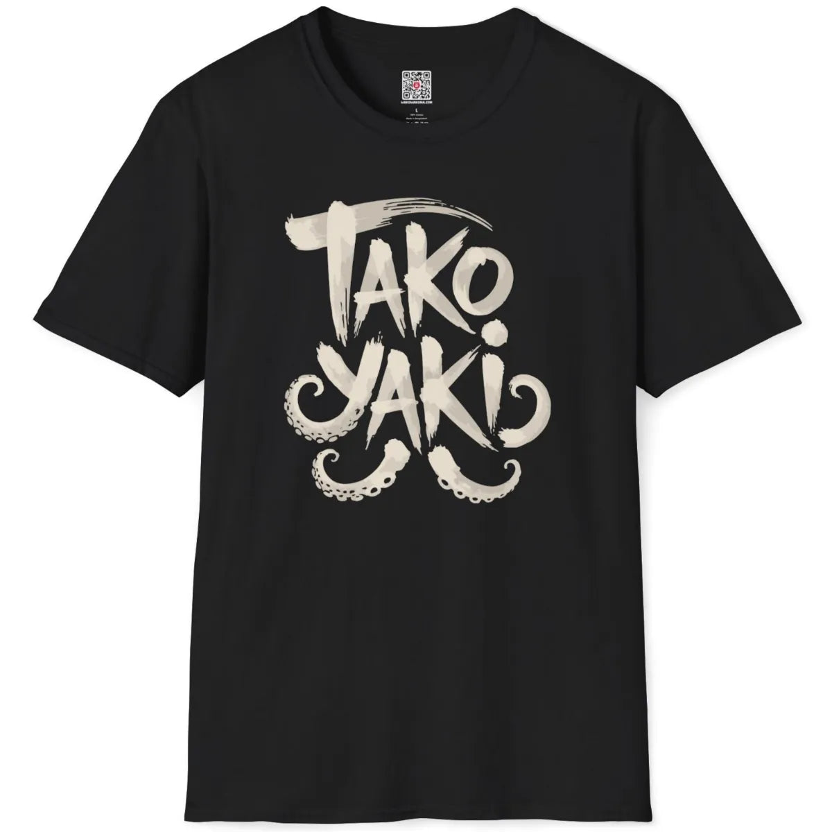 Black flatlay t-shirt with monochrome "TAKO YAKI" brushstroke text and whimsical octopus tentacles.