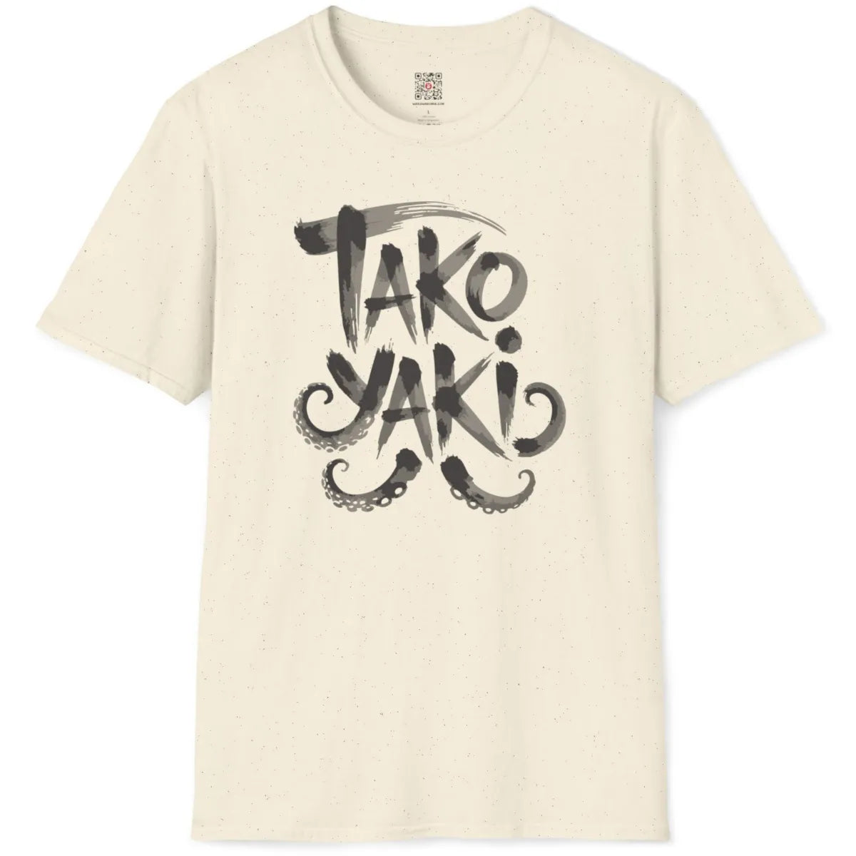 Natural fabric shirt flatlay with monochrome "TAKO YAKI" design and curling tentacles in brushstroke style.