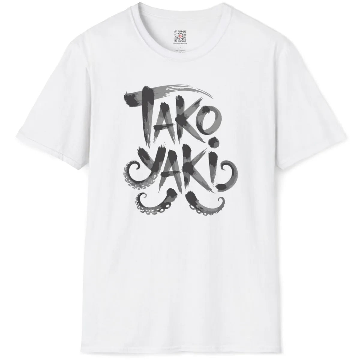 White flatlay shirt showing bold, playful "TAKO YAKI" lettering intertwined with octopus tentacles.