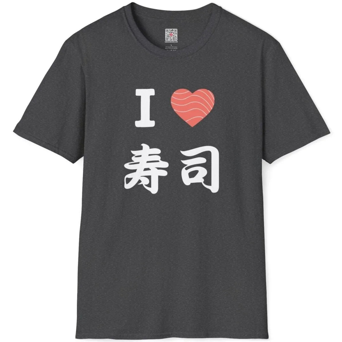 Dark heather shirt flatlay, "I ♥ SUSHI" kanji design. sushi t-shirt, japanese t-shirts, contrast in colors.