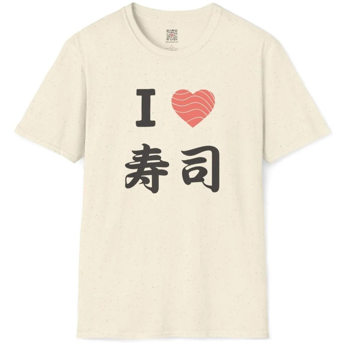 Natural shirt flatlay, "I ♥ SUSHI" kanji and heart design. sushi shirt, japanese text shirt, minimalist font.