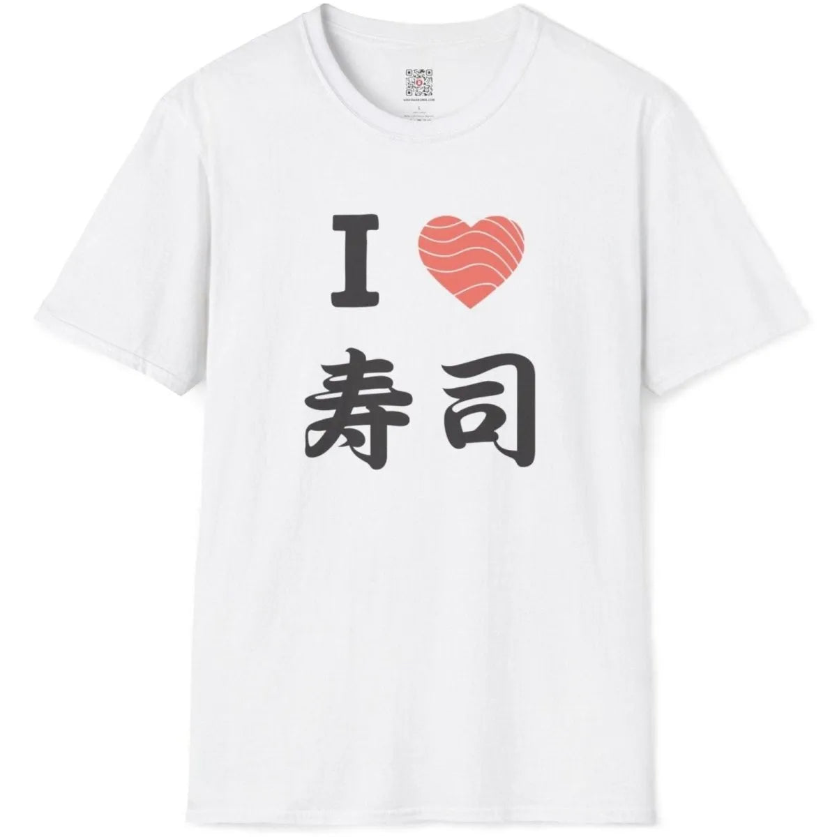 White shirt flatlay, "I ♥ SUSHI" with kanji and red heart. sushi shirt, minimalist font, cultural symbolism.
