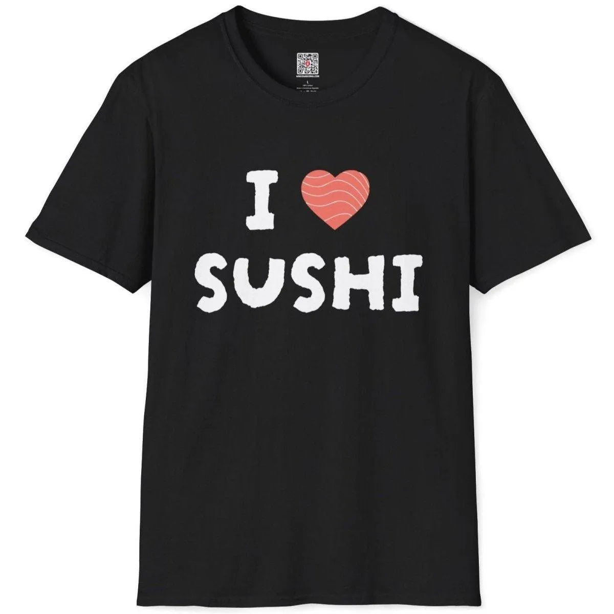 Black shirt flatlay, "I ♥ SUSHI" with pink salmon heart. sushi t-shirt, kawaii clothes, graphic design t shirt.
