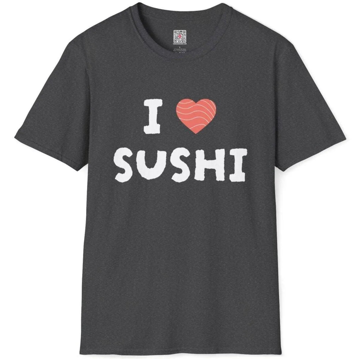 Dark heather shirt flatlay, "I ♥ SUSHI" with salmon heart. sushi t-shirt, japanese t-shirts, t shirt design graphic.