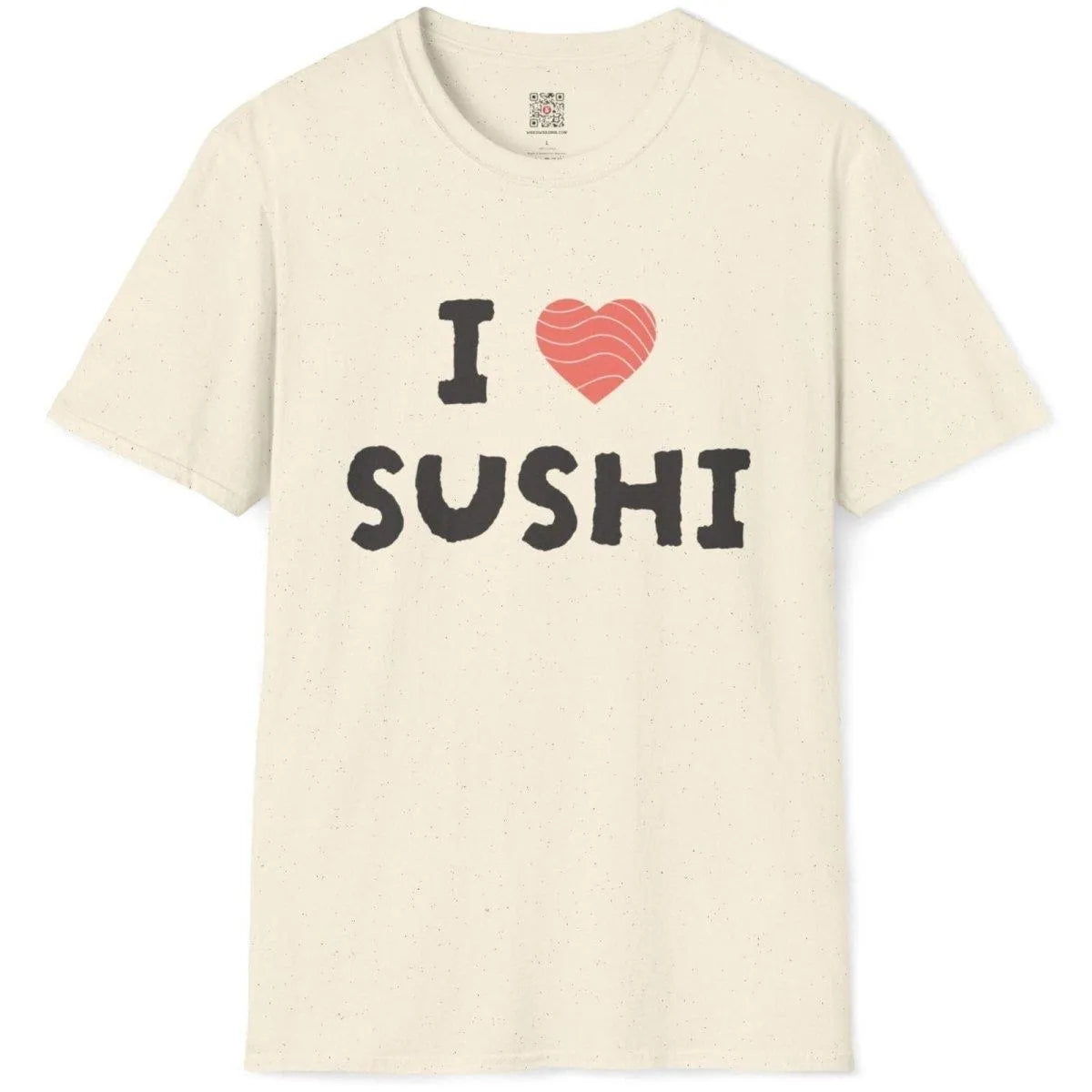 Natural shirt flatlay, "I ♥ SUSHI" with pink salmon heart. sushi shirt, positive messaging, kawaii clothes.