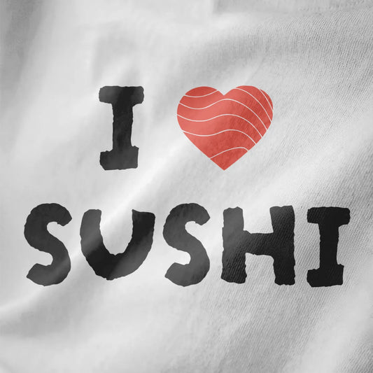 I ♥ SUSHI with salmon heart, bold hand-drawn letters on white shirt. sushi t-shirt, japanese t-shirts, sushi art.