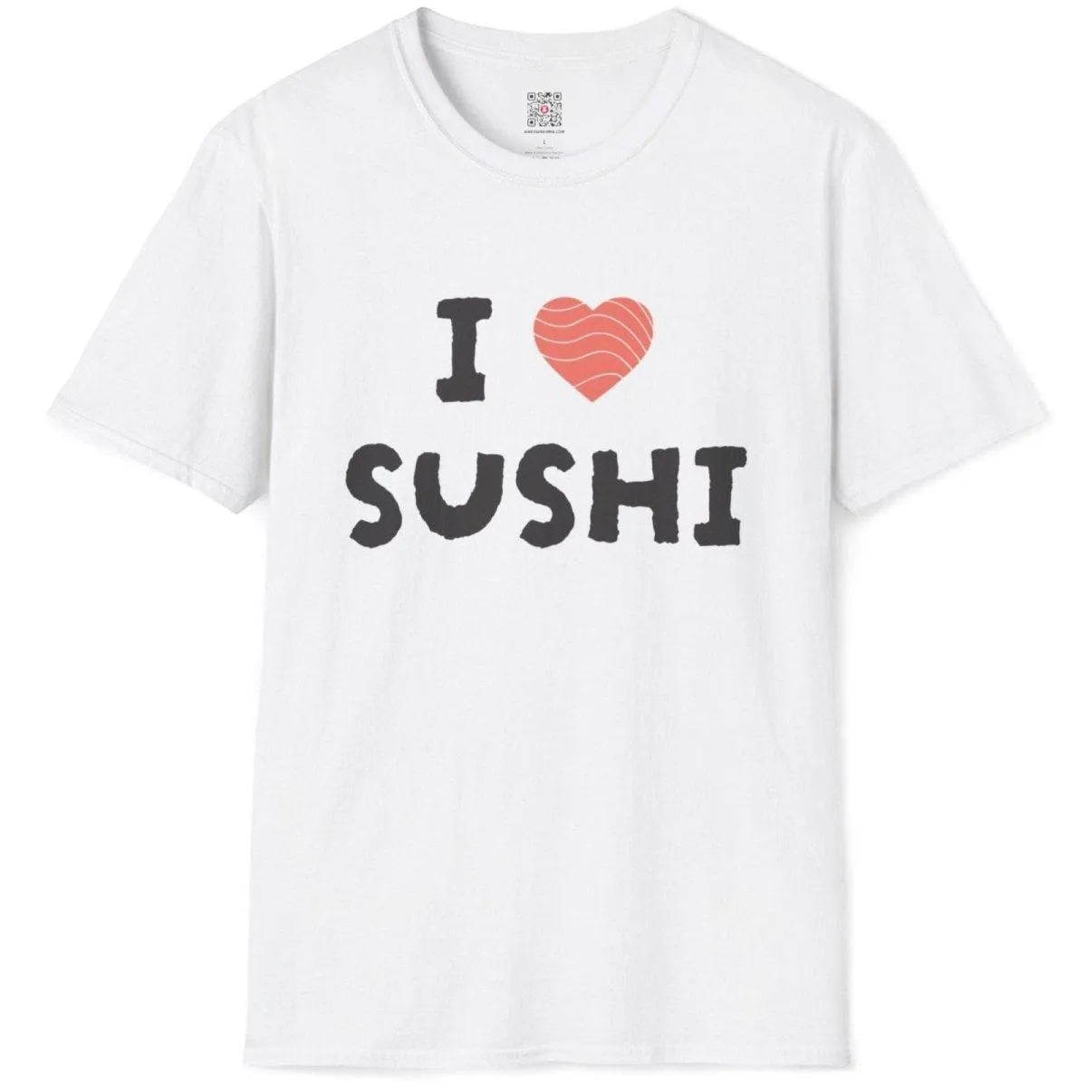 White shirt flatlay, "I ♥ SUSHI" with salmon heart and bold text. sushi shirt, sushi culture, bold text fonts.