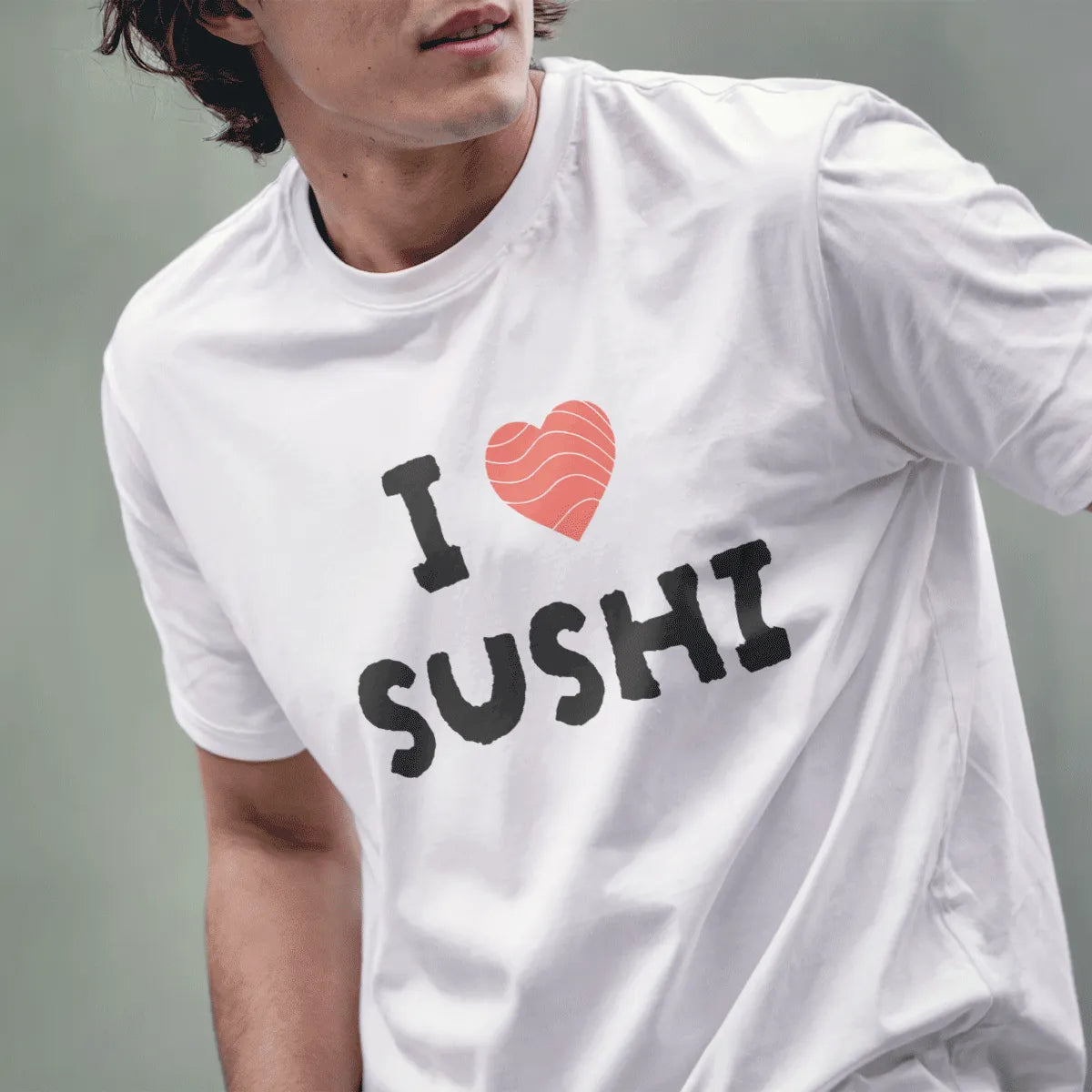 Male model in white shirt, "I ♥ SUSHI" with salmon heart. sushi t-shirt, i love sushi shirt, positive messaging.