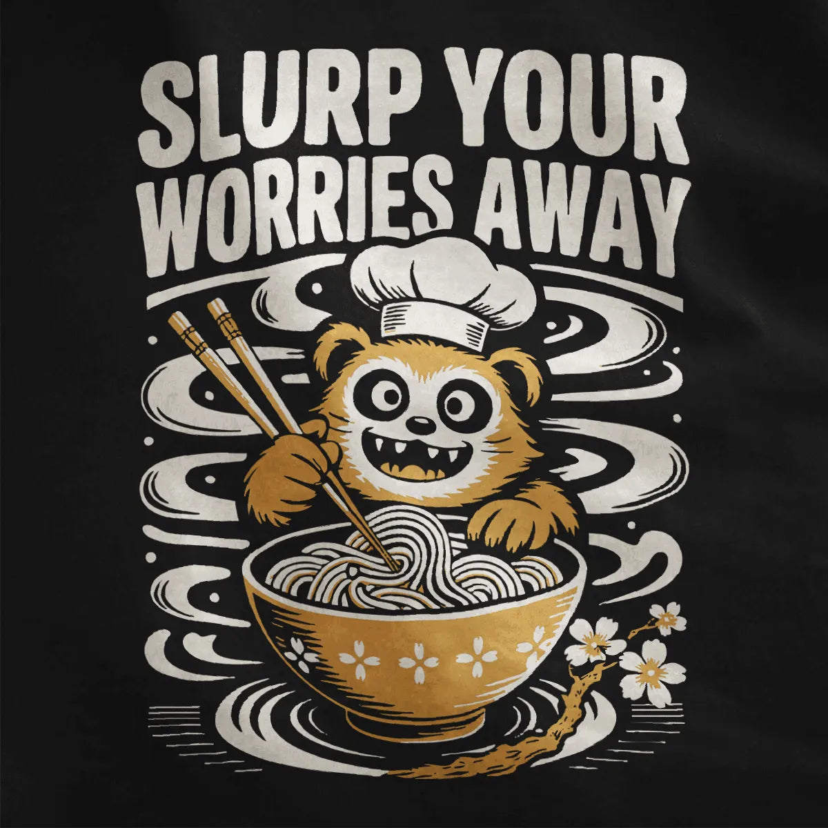 Black fabric close-up showing playful red panda eating ramen with chopsticks and swirling steam details.
