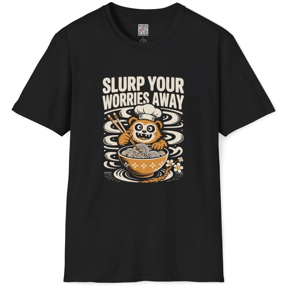 Black flatlay shirt featuring cute red panda chef enjoying ramen noodles with steam on dark green backdrop.
