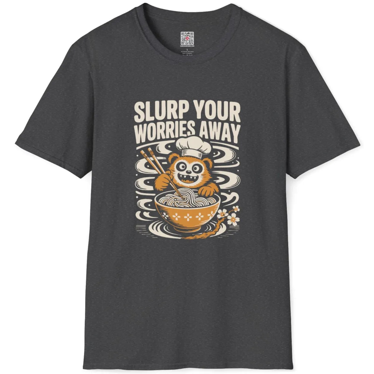 Dark heather t-shirt flatlay showing whimsical red panda slurping noodles with playful ramen design.