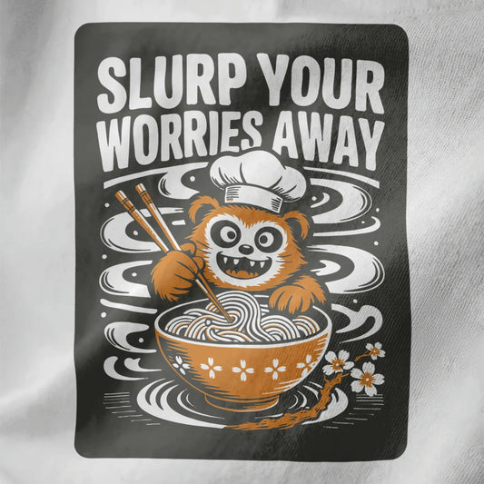 Close-up of cheerful red panda slurping ramen with chef hat and cherry blossom bowl on white fabric.