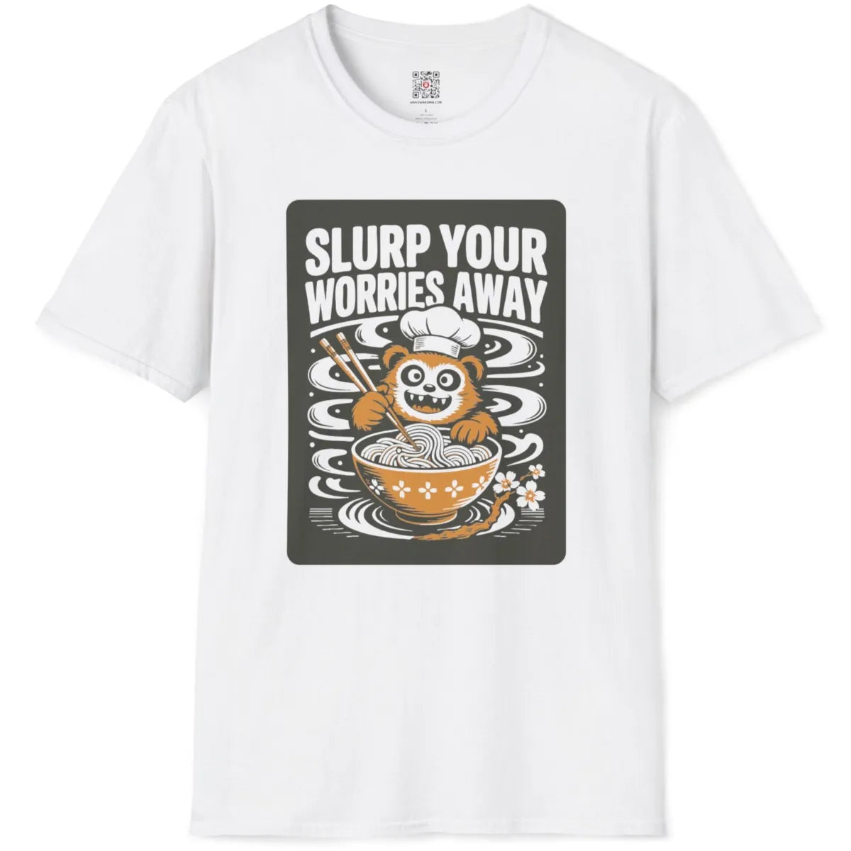 White flatlay tee with colorful red panda eating ramen in orange bowl accented by cherry blossoms.