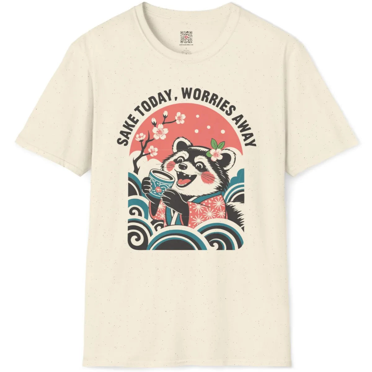 Natural tee flatlay showing raccoon in kimono, open smile, bold lines, cherry blossom shirt, calming colors.