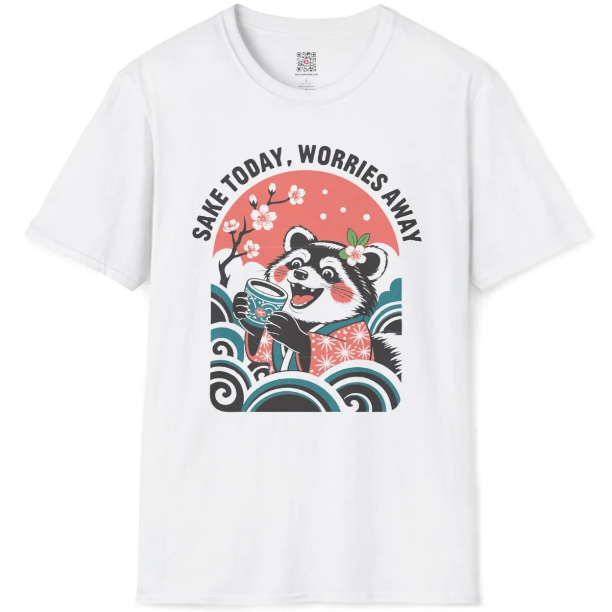Flatlay white tee with raccoon in pink kimono, stylized teal waves, vintage Japanese, cherry blossom design.