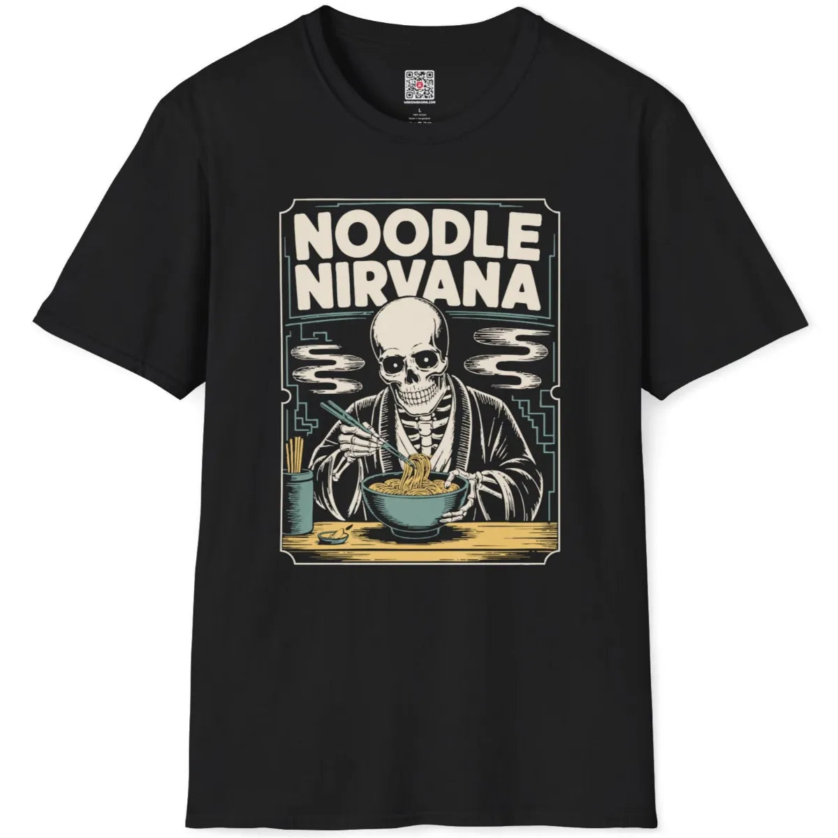 Black t-shirt flatlay with "NOODLE NIRVANA" skeleton design and Japanese ramen theme.