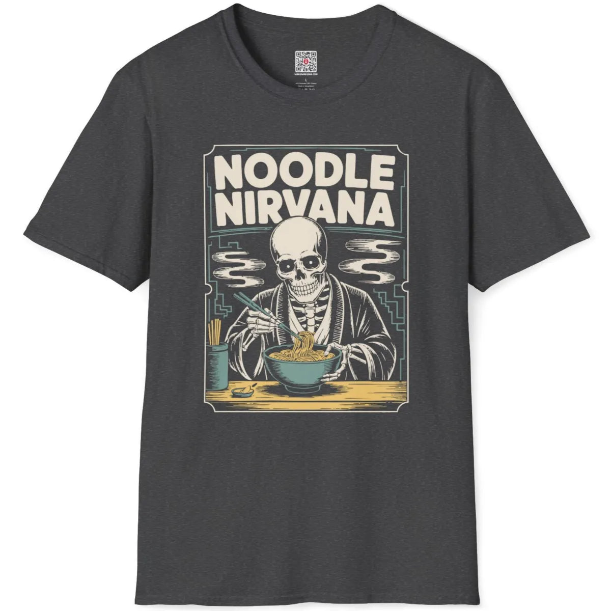 Dark heather flatlay of ramen art t-shirt featuring skeleton with mystical patterns.