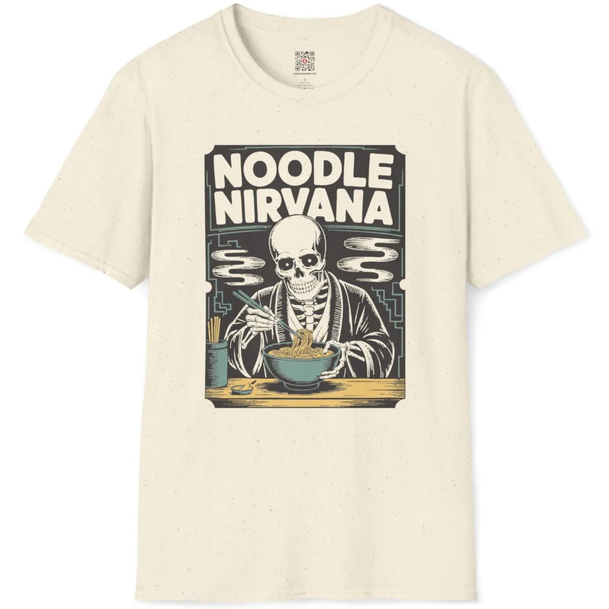 Natural color shirt flatlay with skeleton enjoying ramen, monochrome style and quirky delight.