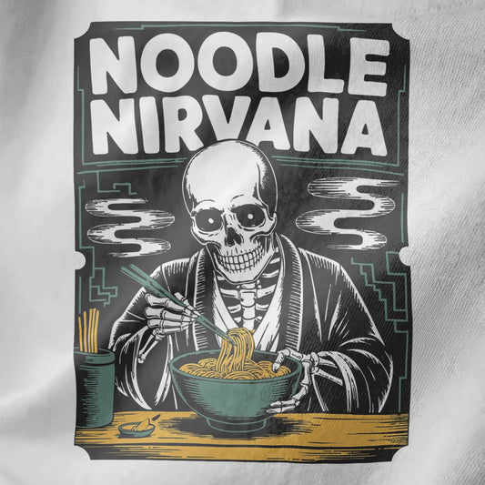 Close-up of white fabric with hand-drawn skeleton eating ramen, noodle art and gothic style.