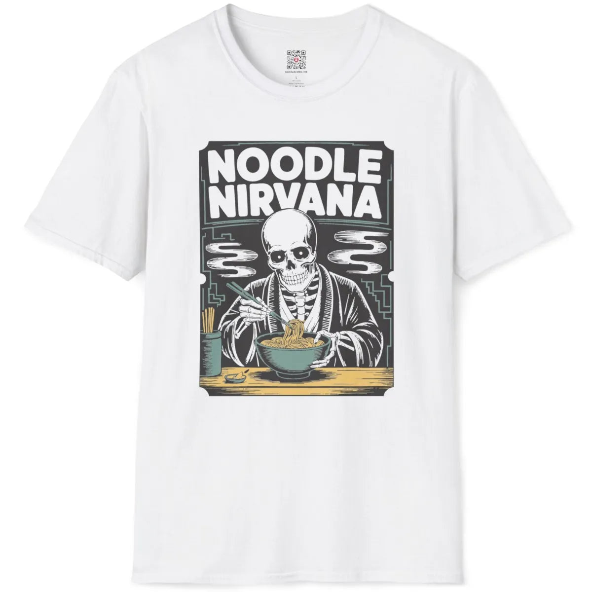 White t-shirt flatlay showing monochromatic ramen and skeleton graphic with playful font.