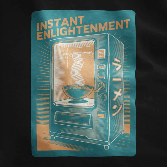 Close-up of black fabric featuring bold vintage vending machine design with mystical ramen glow.