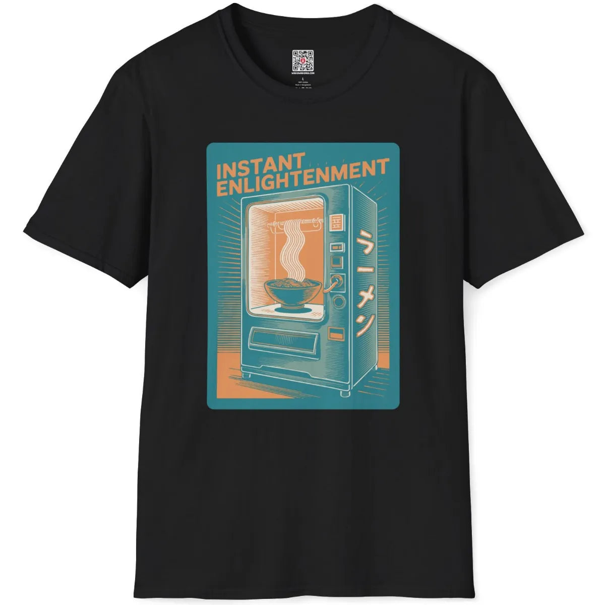 Black t-shirt flatlay with textured retro vending machine and glowing ramen illustration.