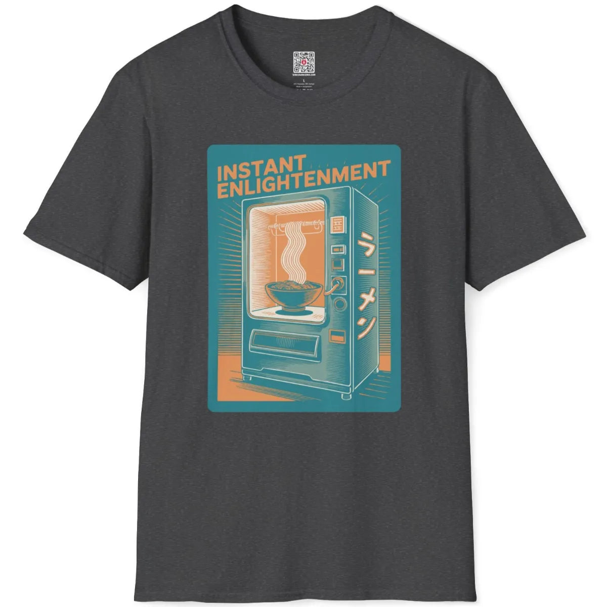 Dark heather t-shirt flatlay with vaporwave-style vending machine and instant enlightenment text.