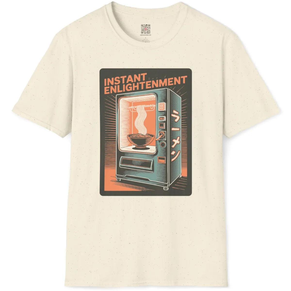 Natural color t-shirt flatlay featuring artistic vintage vending machine and warm ramen glow.