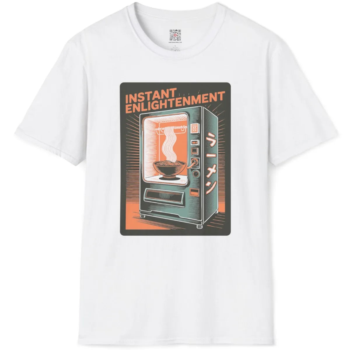 White t-shirt flatlay showing muted teal and orange vending machine with radiant ramen steam.