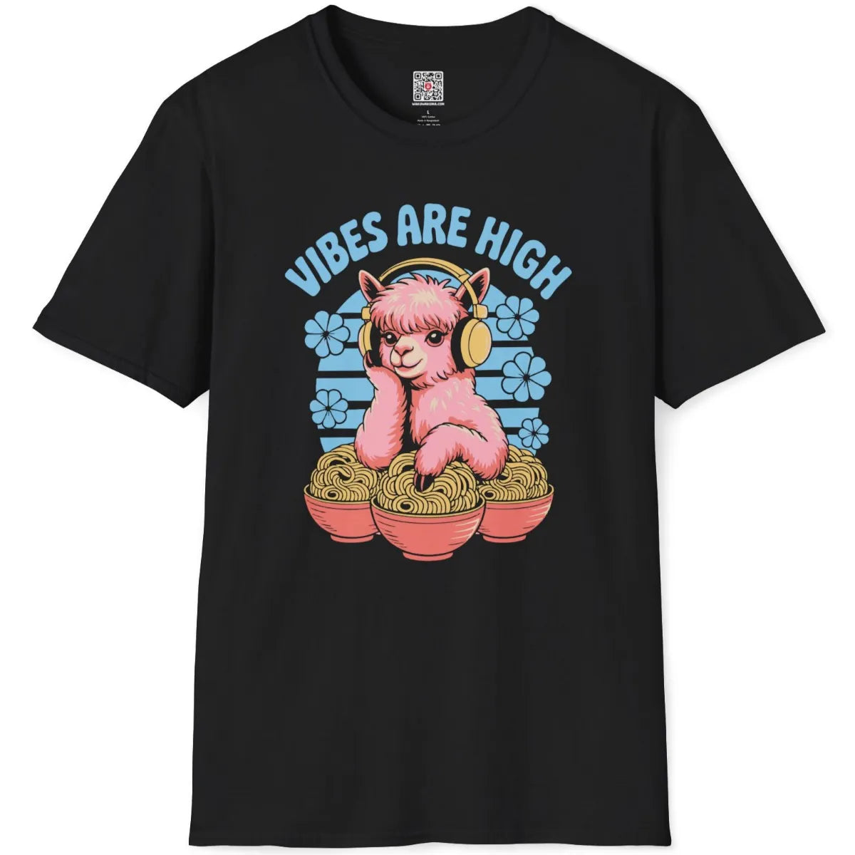 Black flatlay tee showing cute pink alpaca wearing headphones with ramen bowls and bold blue "VIBES ARE HIGH" text.